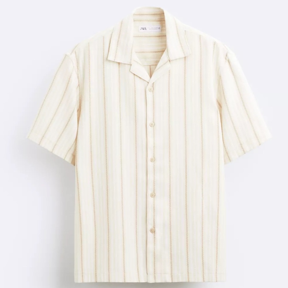 Zara Cream/Grey & Blue Striped Men's Button Up Camp Collar Shirt XL